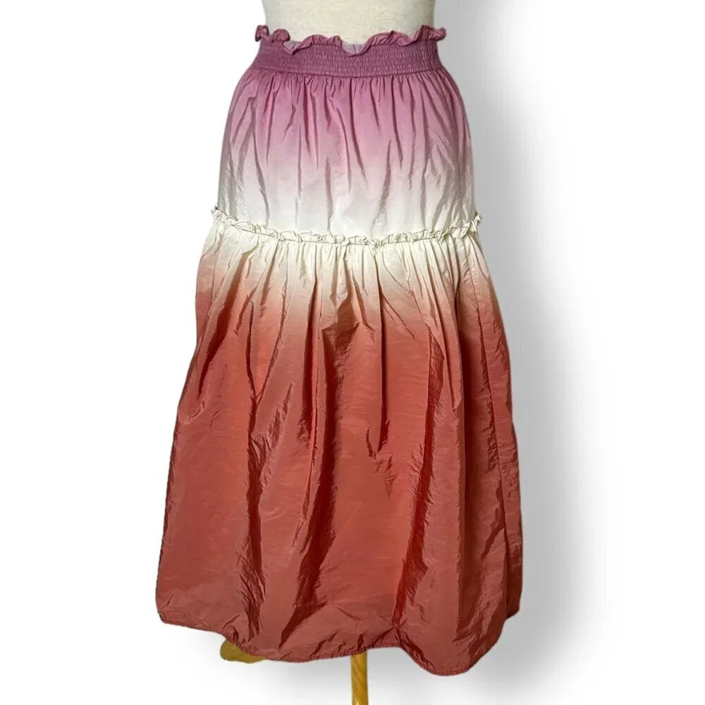 Sea New York Dip Dyed Ombre Orange Pink Taffeta Tiered Midi Skirt Zanna Sz 0